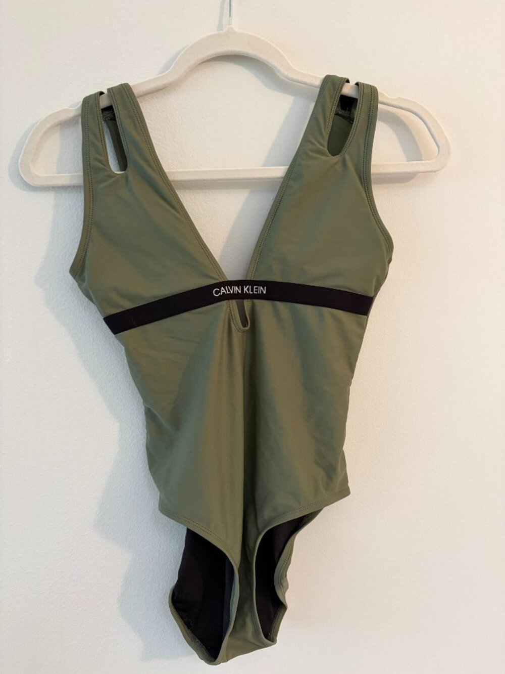 Calvin Klein XS Olive Green Logo Band Plunge One Piece Swimsuit Strappy Back